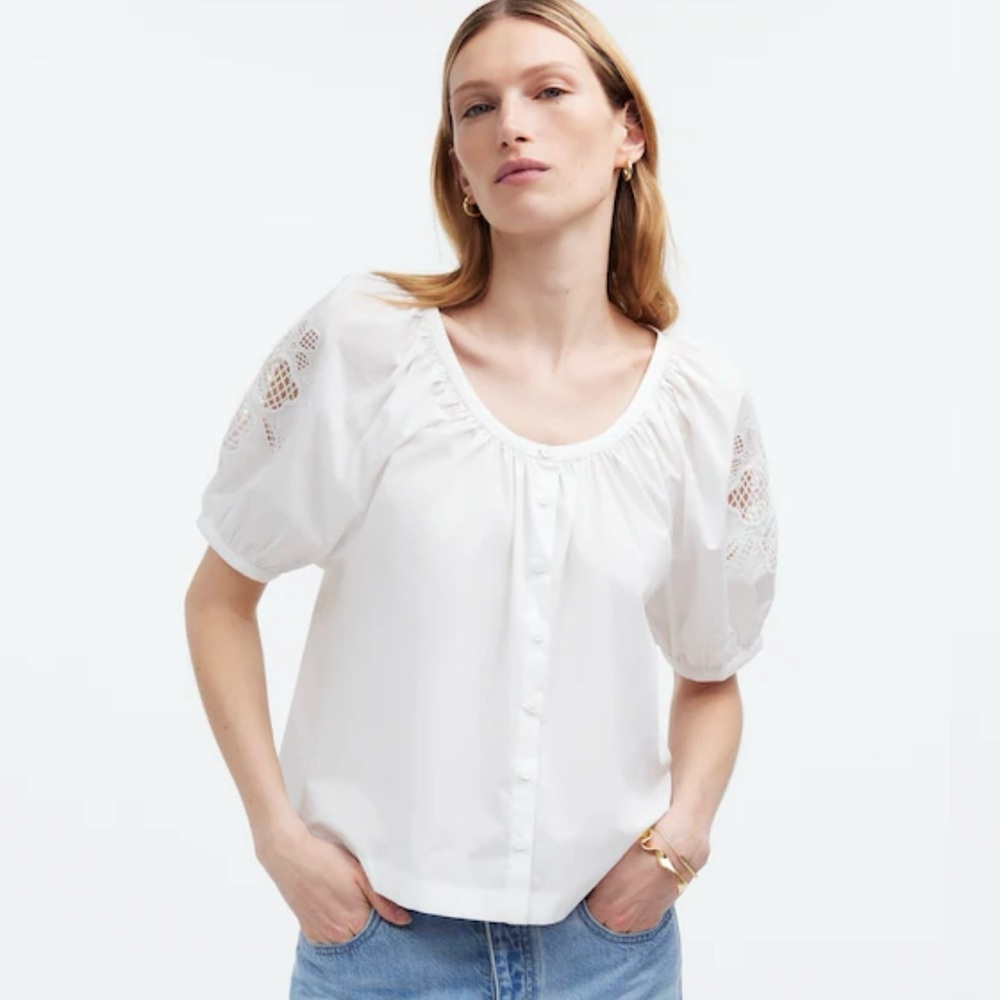 Madewell White Eyelet Puff-Sleeve Button-Front Blouse